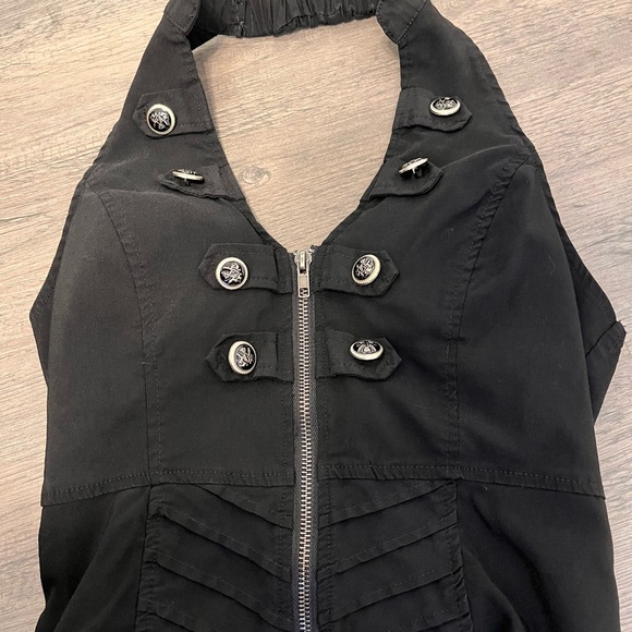 Black zip front backless halter top. military button details. Stretch fabric. - Picture 16 of 16